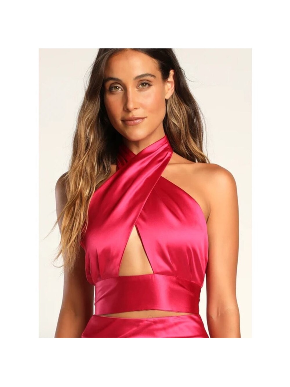 Lulu's Satin Twist Halter Crop Top in Hot Pink